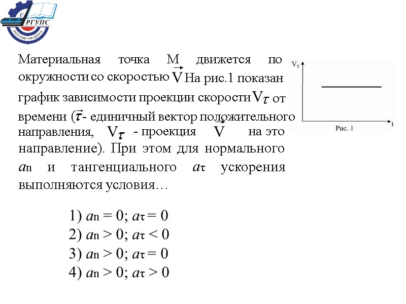 1) аn = 0; аτ = 0  2) аn > 0; аτ <